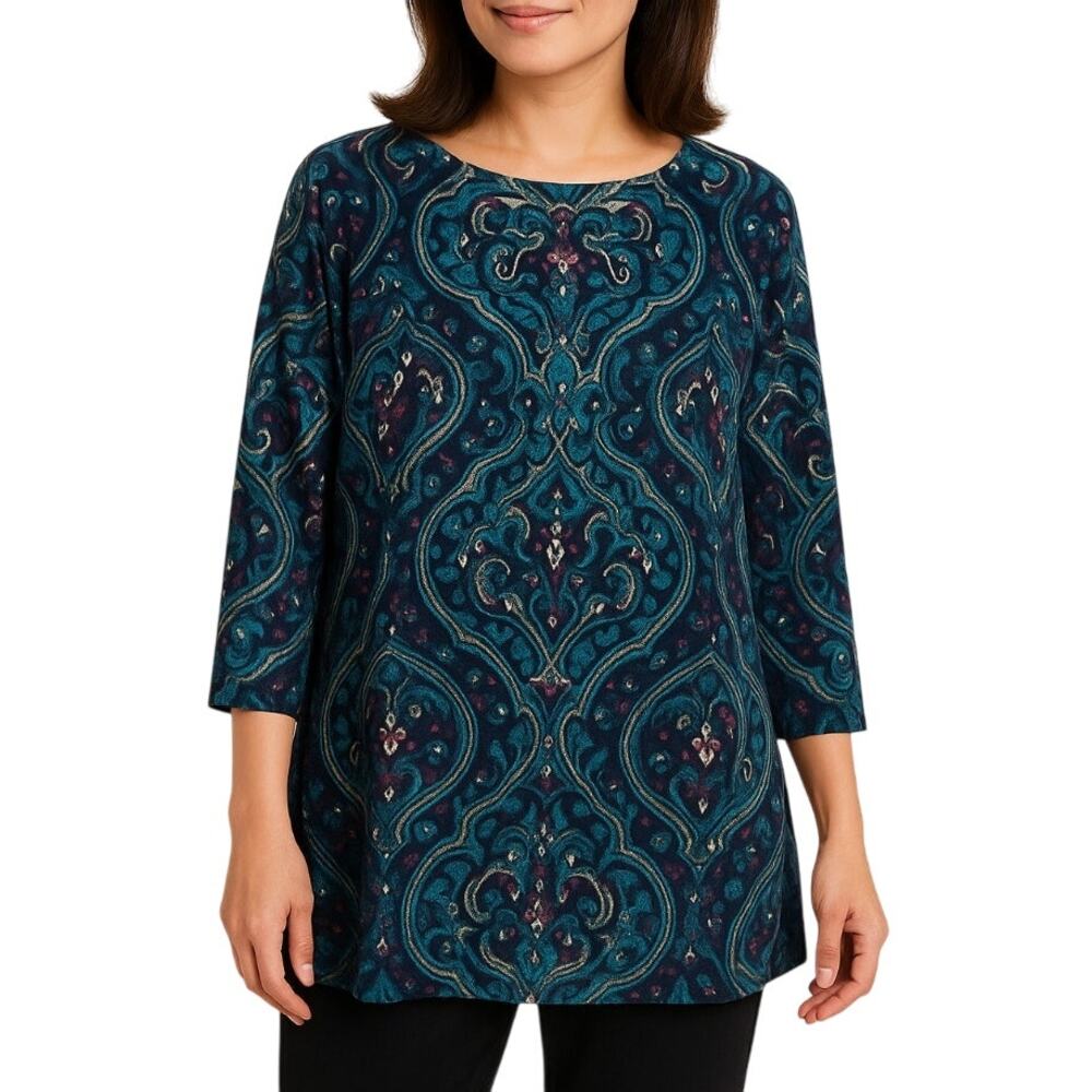 Chico's Travelers Liquid Knit Tunic SZ 0 (4-6) Teal Black Paisley Resort Travel